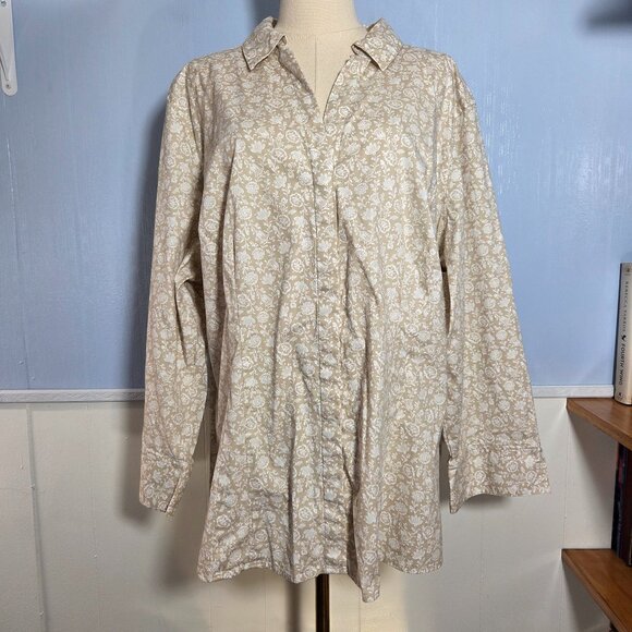Croft & Barrow 3X Beige White Floral Semi Fitted Button Up Longsleeve Blouse - Picture 1 of 10